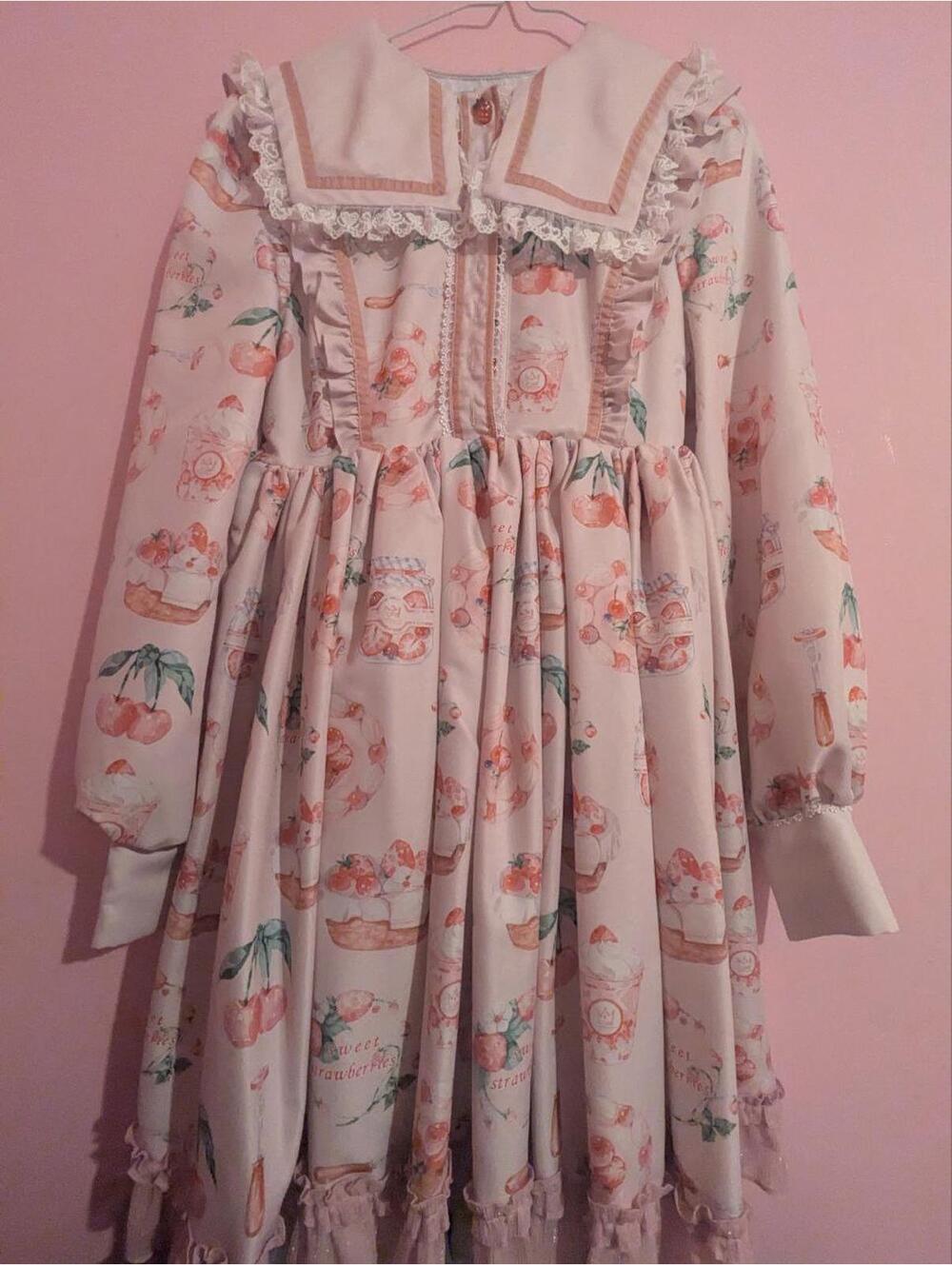 Strawberry Picking Twill Fabric Sweet Lolita Dress Long Sleeves OP